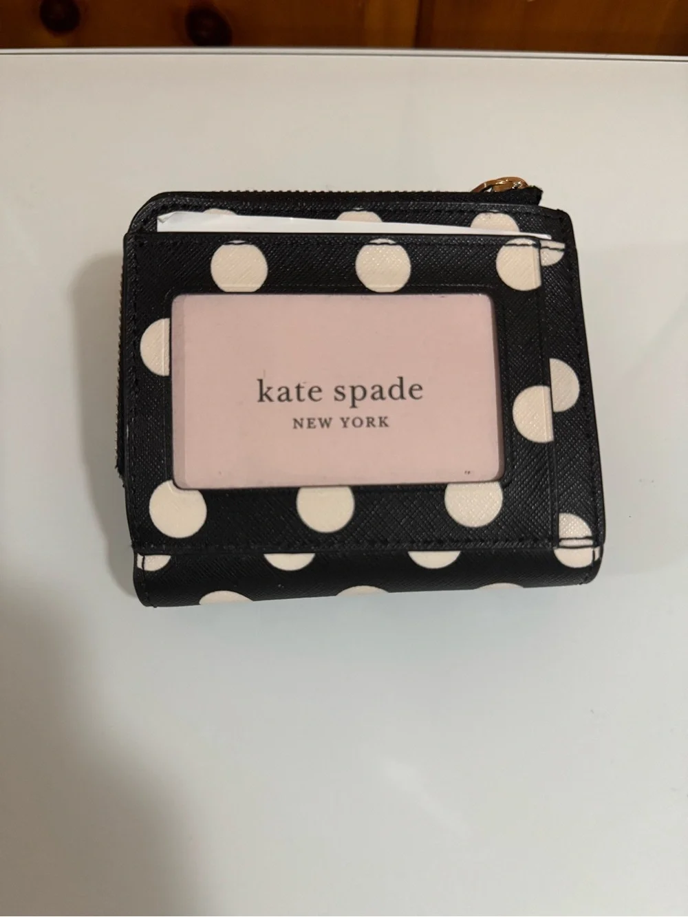 Kate Spade Black with White Polka Dot Bifold Wallet (with Zipped Change Section)